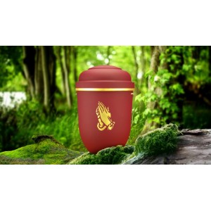 Biodegradable Cremation Ashes Funeral Urn / Casket - RED BEACON with GOLD PRAYING HANDS